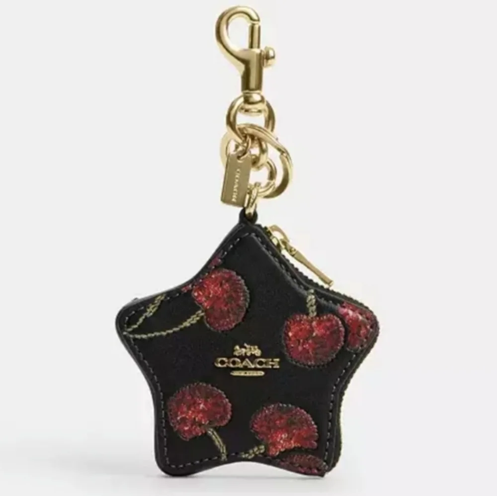 🍒▪️Coach ▪️Star Bag Charm Coin Purse Red Cherries On Black Leather